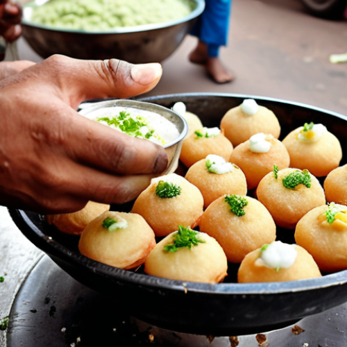 **Image of a street food vendor making Golgappe (Pani Puri) with unhygienic conditions visible. Focus on potential sources of contamination and lack of cleanliness.** (This highlights the initial concern about food safety)