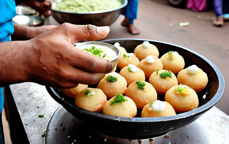 **Image of a street food vendor making Golgappe (Pani Puri) with unhygienic conditions visible. Focus on potential sources of contamination and lack of cleanliness.** (This highlights the initial concern about food safety)