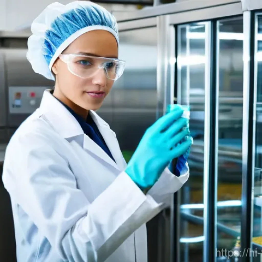 식품위생사 직업의 미래 전망 - **Prompt:** A highly competent female food hygiene expert, dressed in a professional, clean uniform ...