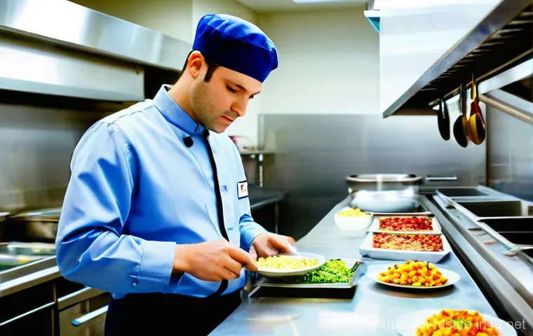 식품위생사 관련 직무 인터뷰 - **Food Safety Officer inspecting a professional kitchen**
    "A highly detailed, realistic photogra...