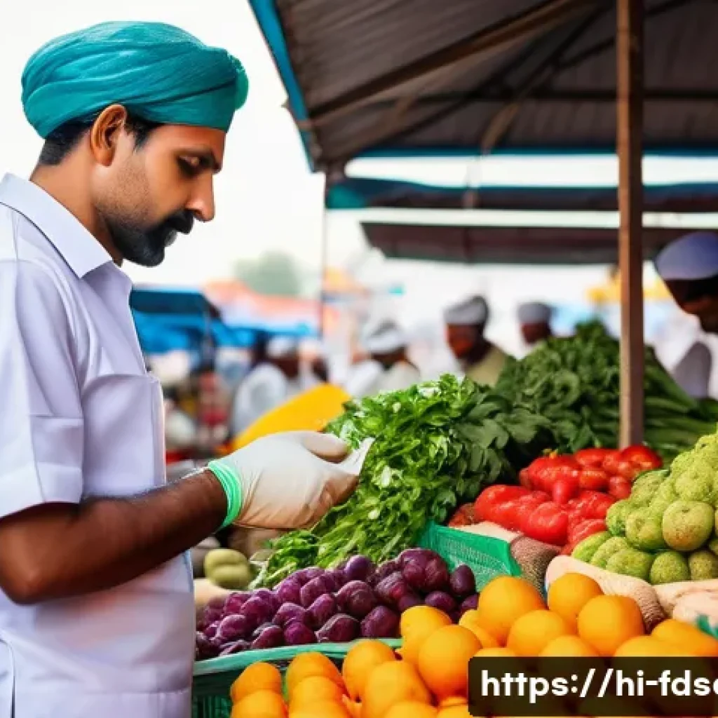 식품위생사와 HACCP 관리 - A professional Indian food safety inspector in a clean white uniform and gloves, inspecting fresh fr...