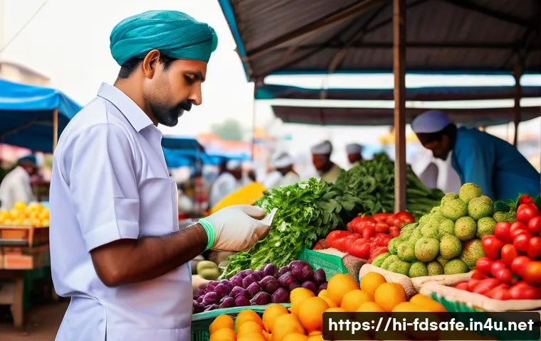 식품위생사와 HACCP 관리 - A professional Indian food safety inspector in a clean white uniform and gloves, inspecting fresh fr...