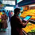 식품위생사와 관련된 국책 연구과제 - A modern Indian marketplace scene with a vendor and a customer using a handheld smart sensor device ...