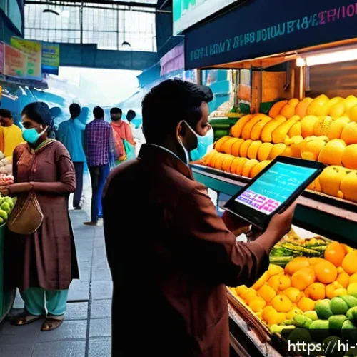 식품위생사와 관련된 국책 연구과제 - A modern Indian marketplace scene with a vendor and a customer using a handheld smart sensor device ...