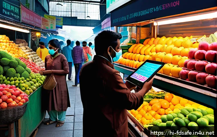 식품위생사와 관련된 국책 연구과제 - A modern Indian marketplace scene with a vendor and a customer using a handheld smart sensor device ...