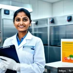 식품위생사 경력개발 로드맵 - A professional Indian food hygienist wearing a clean lab coat and gloves, standing confidently in a ...