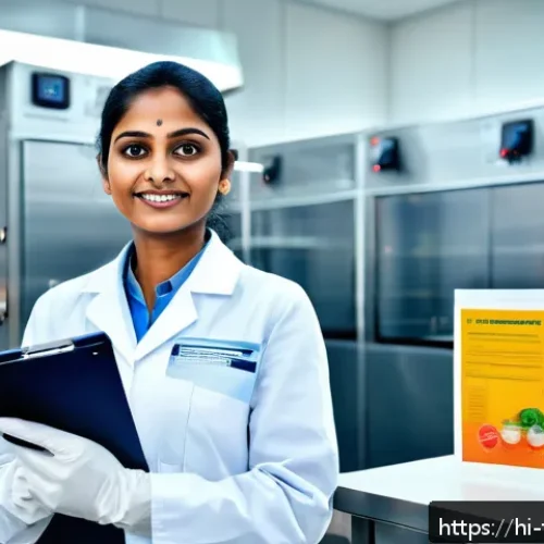 식품위생사 경력개발 로드맵 - A professional Indian food hygienist wearing a clean lab coat and gloves, standing confidently in a ...