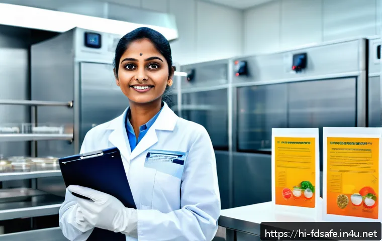 식품위생사 경력개발 로드맵 - A professional Indian food hygienist wearing a clean lab coat and gloves, standing confidently in a ...